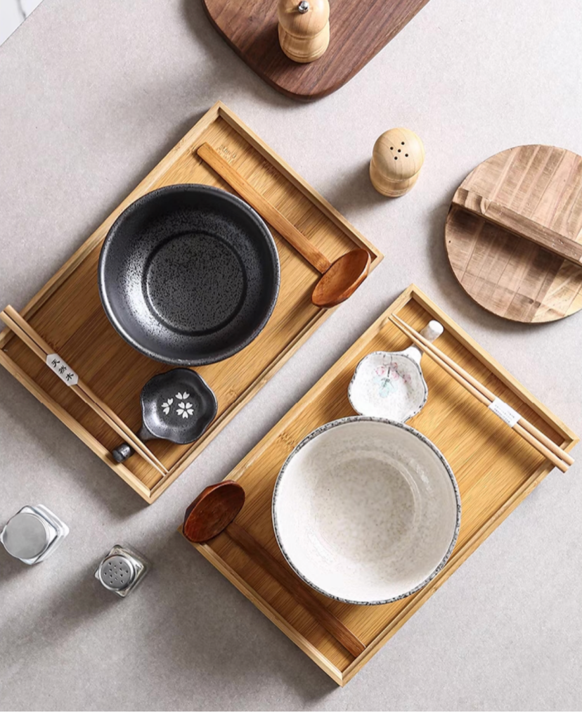 Handmade Japanese Ramen Bowl Set: Large Soup Spoon. Chopsticks. Rest & Bamboo Tray