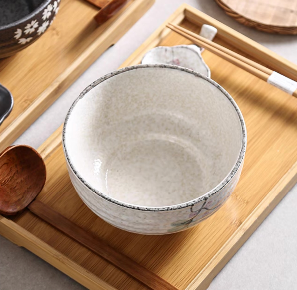 Handmade Japanese Ramen Bowl Set: Large Soup Spoon. Chopsticks. Rest & Bamboo Tray