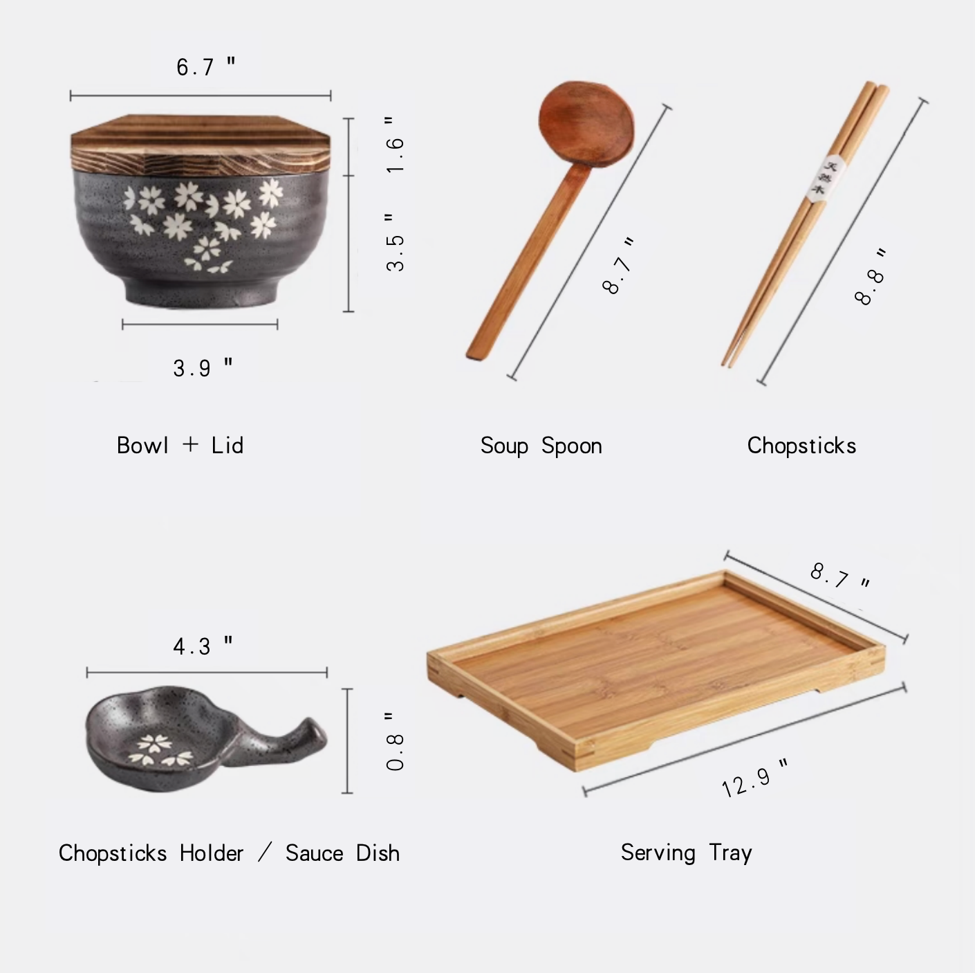 Handmade Japanese Ramen Bowl Set: Large Soup Spoon. Chopsticks. Rest & Bamboo Tray
