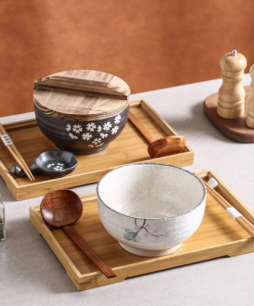 Handmade Japanese Ramen Bowl Set: Large Soup Spoon. Chopsticks. Rest & Bamboo Tray