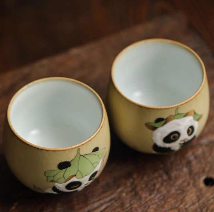 Authentic Ru Ware Panda Teacup: Crackle Glaze. Hand-Painted Design