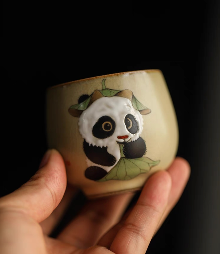 Authentic Ru Ware Panda Teacup: Crackle Glaze. Hand-Painted Design