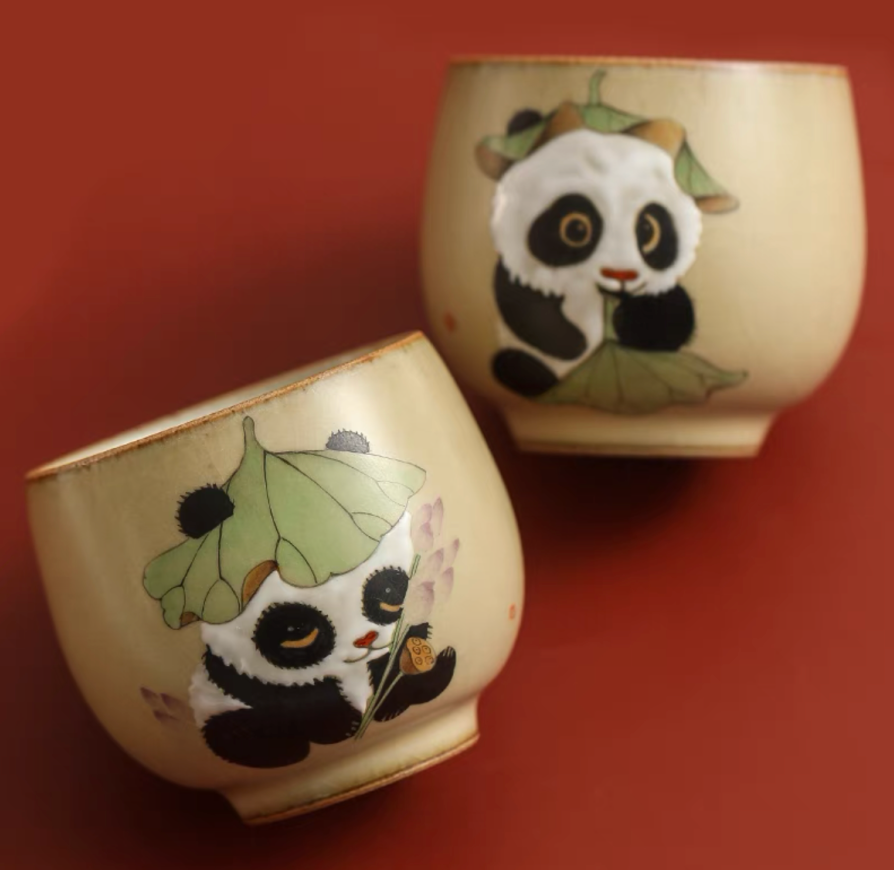 Authentic Ru Ware Panda Teacup: Crackle Glaze. Hand-Painted Design