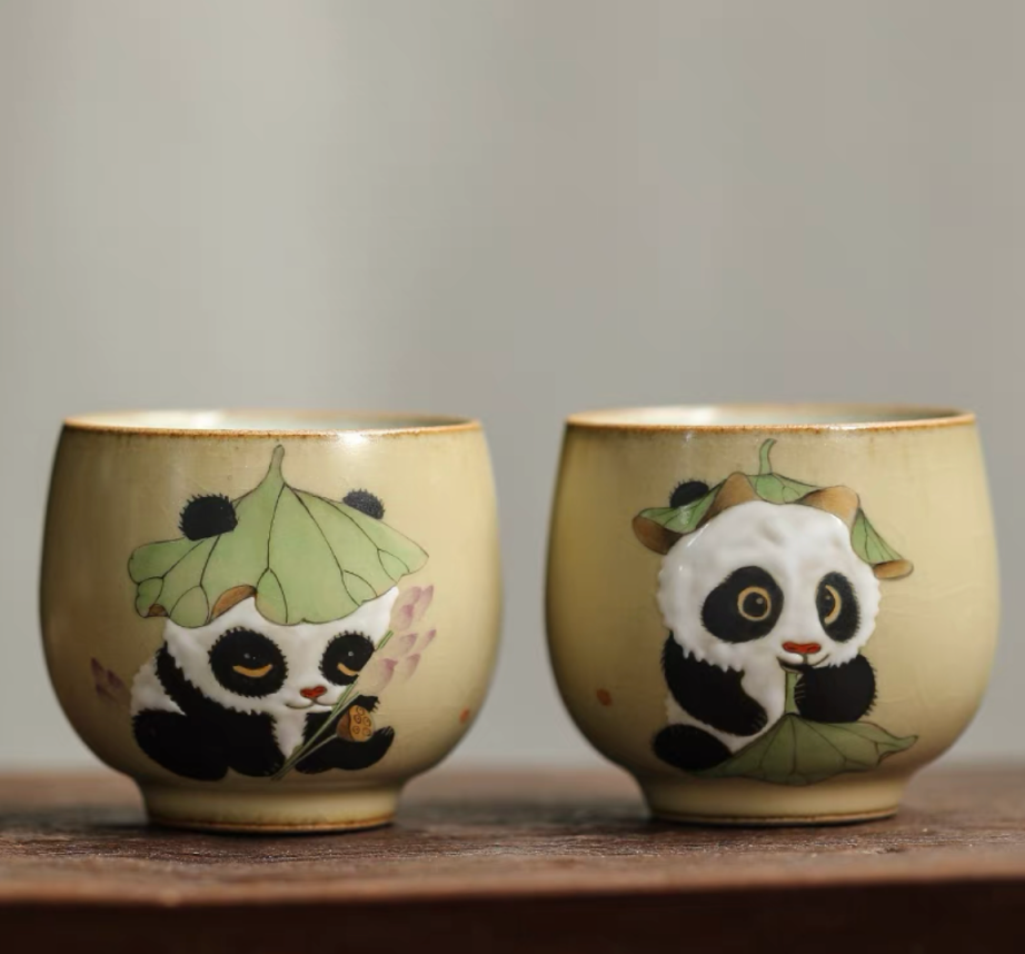 Authentic Ru Ware Panda Teacup: Crackle Glaze. Hand-Painted Design