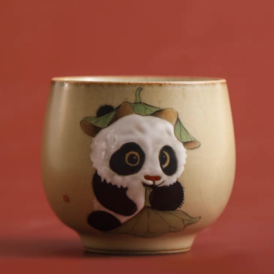 Authentic Ru Ware Panda Teacup: Crackle Glaze. Hand-Painted Design