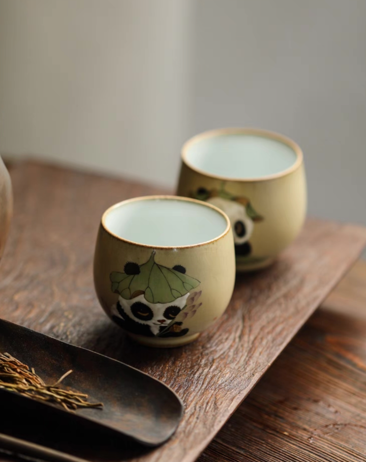 Authentic Ru Ware Panda Teacup: Crackle Glaze. Hand-Painted Design