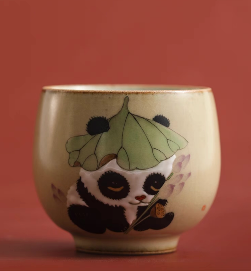 Authentic Ru Ware Panda Teacup: Crackle Glaze. Hand-Painted Design