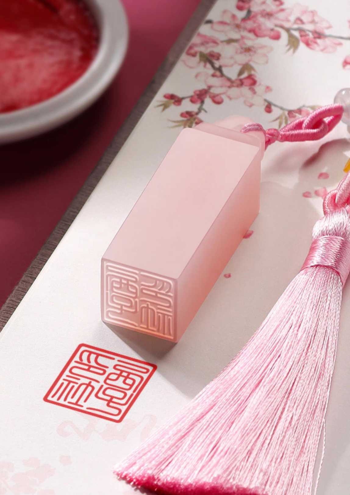 Custom Jade Seal: Cherry Blossom Design. Personalized Engraving