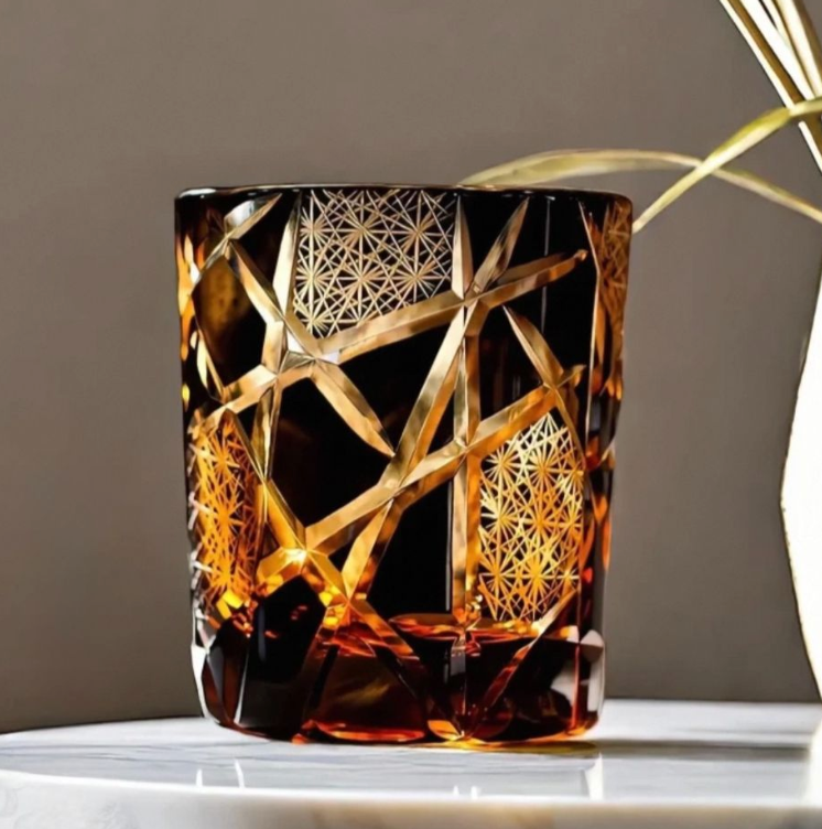 Exquisite Handmade Edo Kiriko Twilight of the Gods Amber Crystal Tumbler