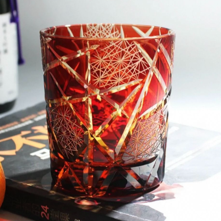 Exquisite Handmade Edo Kiriko Twilight of the Gods Amber Crystal Tumbler