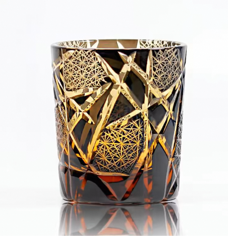 Exquisite Handmade Edo Kiriko Twilight of the Gods Amber Crystal Tumbler