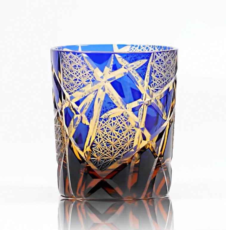 Exquisite Handmade Edo Kiriko Twilight of the Gods Amber Crystal Tumbler