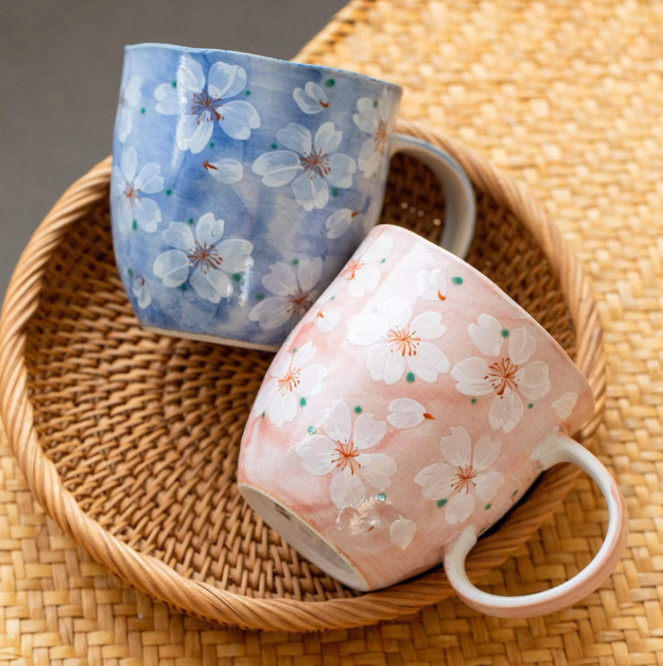 Authentic Mino Ware Cherry Blossom Pair Mugs. Handmade Gift Set