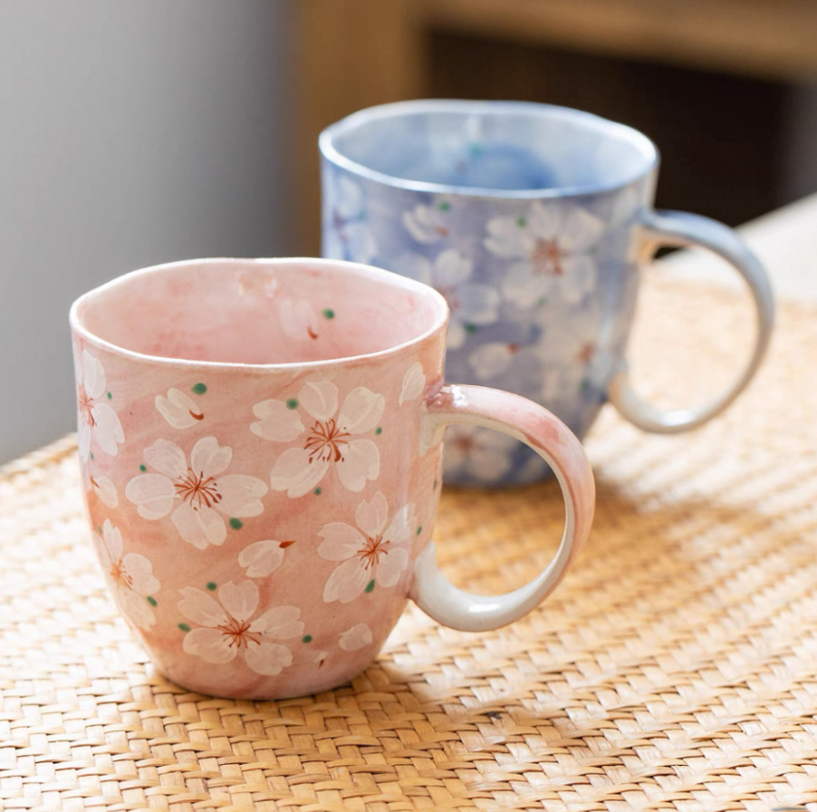 Authentic Mino Ware Cherry Blossom Pair Mugs. Handmade Gift Set