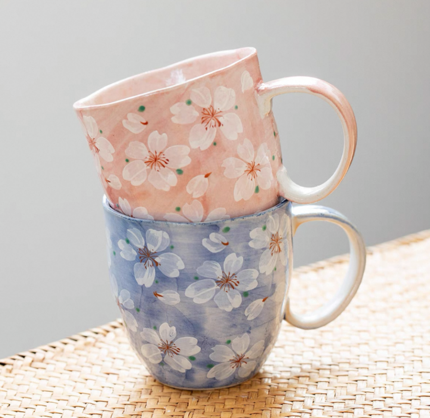 Authentic Mino Ware Cherry Blossom Pair Mugs. Handmade Gift Set