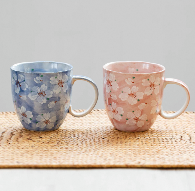 Authentic Mino Ware Cherry Blossom Pair Mugs. Handmade Gift Set