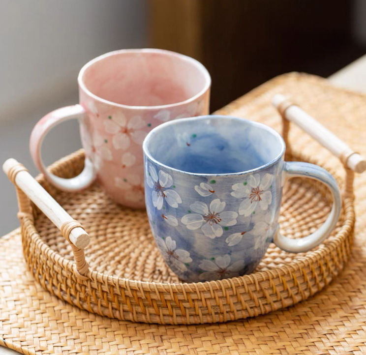 Authentic Mino Ware Cherry Blossom Pair Mugs. Handmade Gift Set