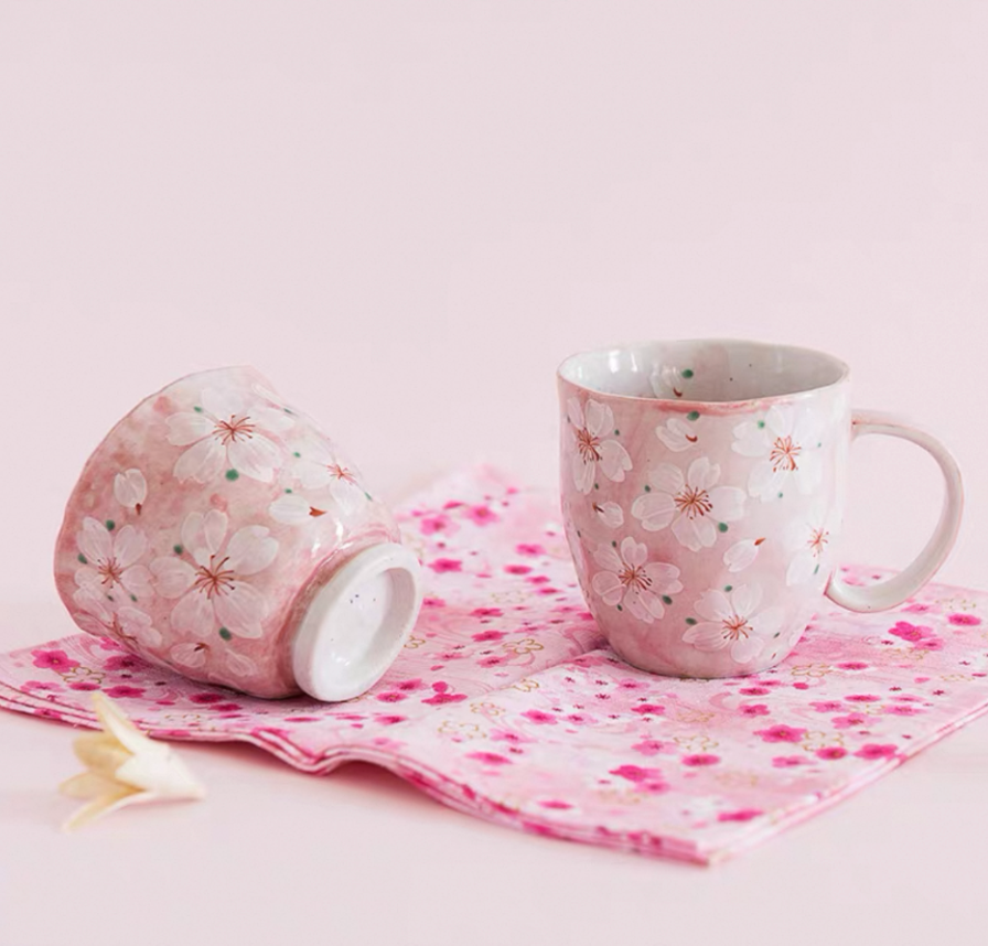 Authentic Mino Ware Cherry Blossom Pair Mugs. Handmade Gift Set