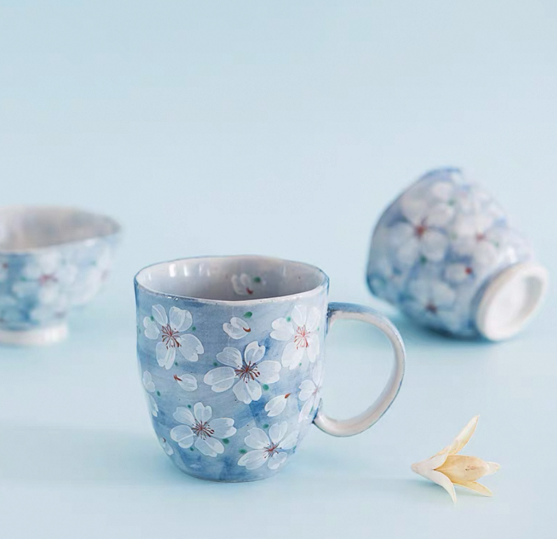 Authentic Mino Ware Cherry Blossom Pair Mugs. Handmade Gift Set