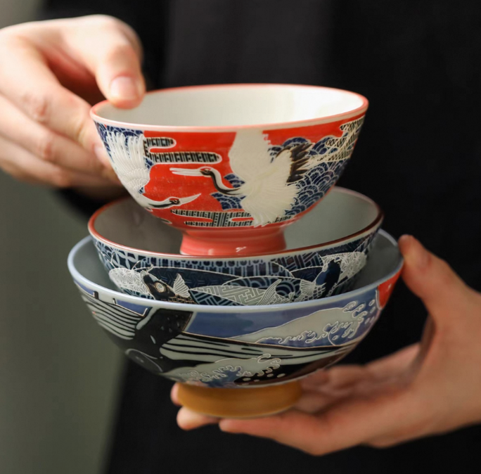 Handcrafted Mino Yaki Koi. Crane. Whale Japanese Ramen Bowls