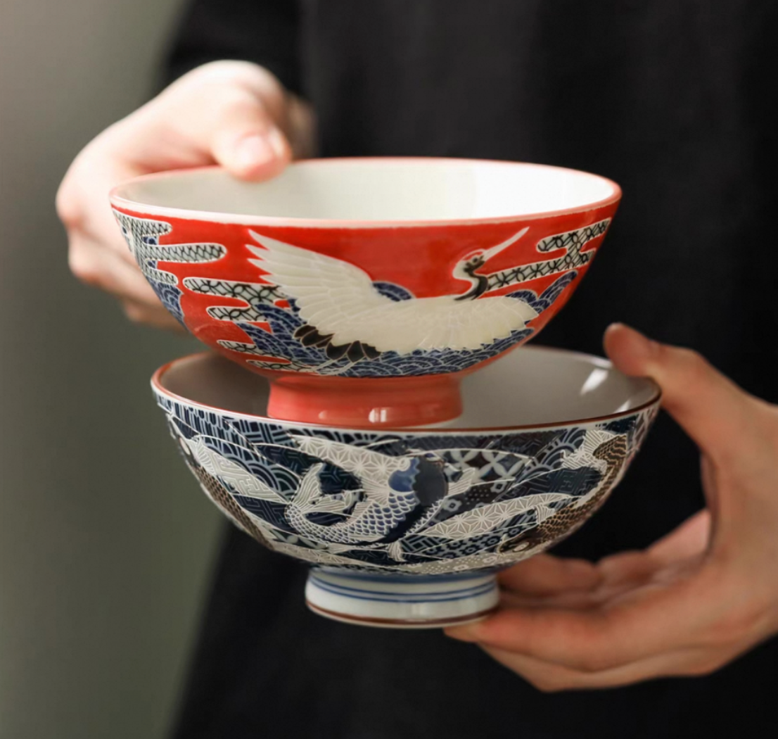 Handcrafted Mino Yaki Koi. Crane. Whale Japanese Ramen Bowls