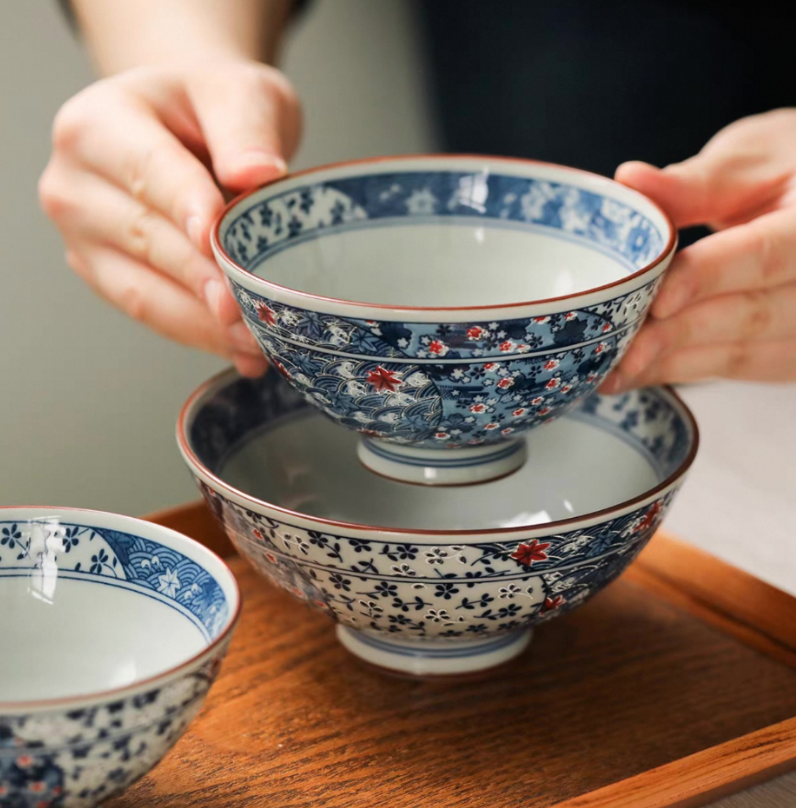 Authentic Mino Ware Antique Blue Cherry Blossom Rice/Soup Bowl. Handmade