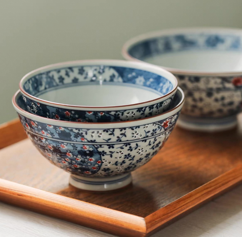 Authentic Mino Ware Antique Blue Cherry Blossom Rice/Soup Bowl. Handmade