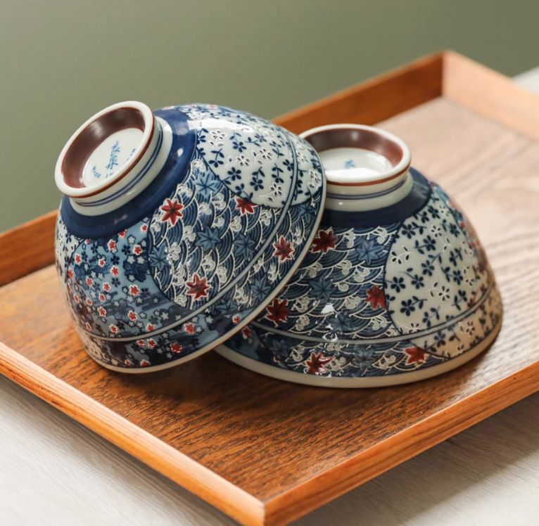 Authentic Mino Ware Antique Blue Cherry Blossom Rice/Soup Bowl. Handmade
