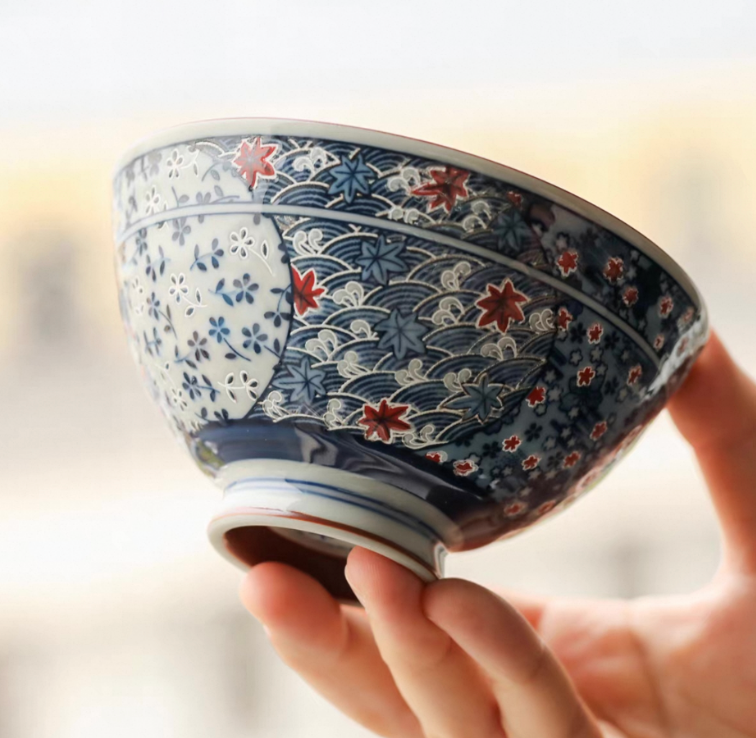 Authentic Mino Ware Antique Blue Cherry Blossom Rice/Soup Bowl. Handmade