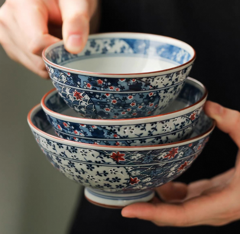 Authentic Mino Ware Antique Blue Cherry Blossom Rice/Soup Bowl. Handmade