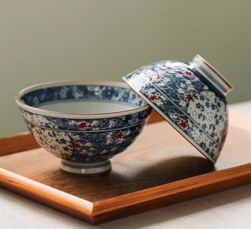 Authentic Mino Ware Antique Blue Cherry Blossom Rice/Soup Bowl. Handmade