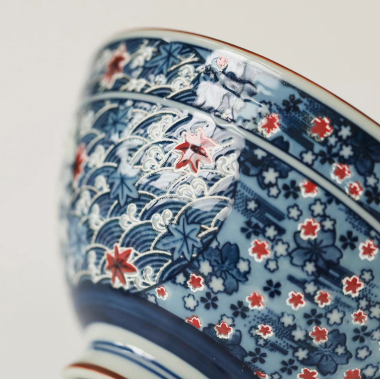 Authentic Mino Ware Antique Blue Cherry Blossom Rice/Soup Bowl. Handmade