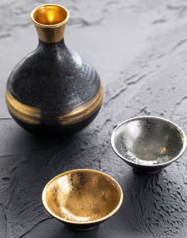 Authentic Mino Ware Gold & Silver Glaze Sake Set: Tokkuri. Deep & Flat Cups