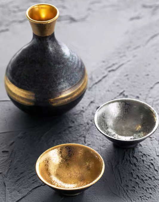 Authentic Mino Ware Gold & Silver Glaze Sake Set: Tokkuri. Deep & Flat Cups