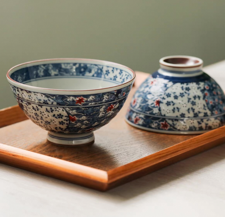 Authentic Mino Ware Antique Blue Cherry Blossom Rice/Soup Bowl. Handmade