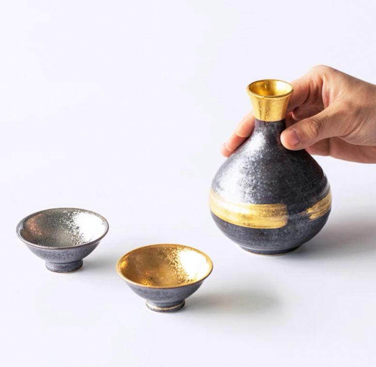 Authentic Mino Ware Gold & Silver Glaze Sake Set: Tokkuri. Deep & Flat Cups