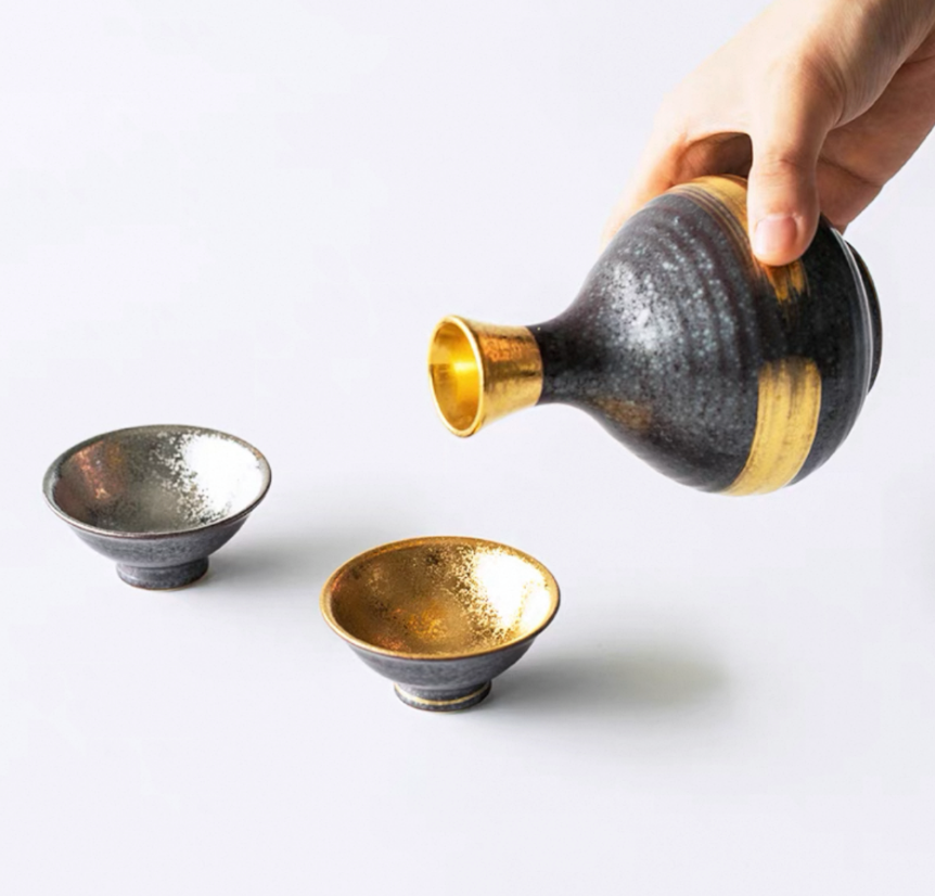 Authentic Mino Ware Gold & Silver Glaze Sake Set: Tokkuri. Deep & Flat Cups