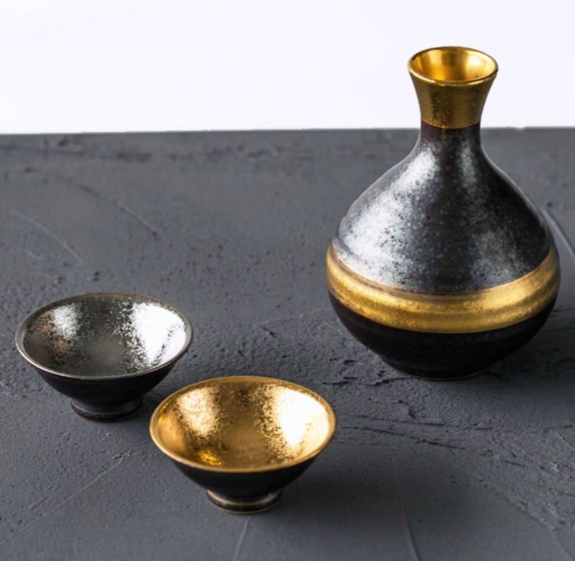 Authentic Mino Ware Gold & Silver Glaze Sake Set: Tokkuri. Deep & Flat Cups