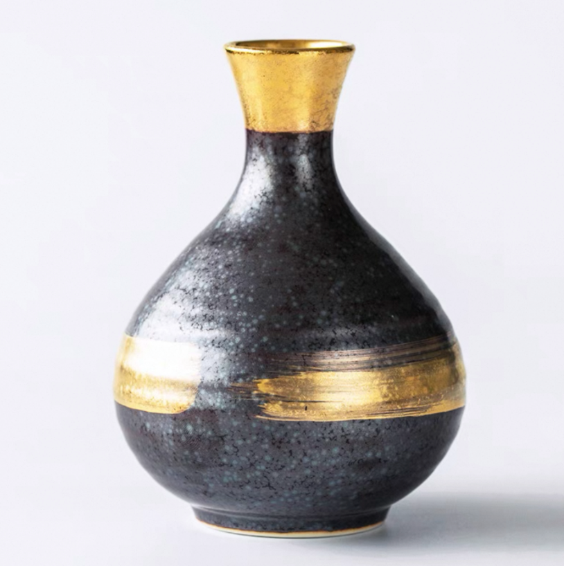 Authentic Mino Ware Gold & Silver Glaze Sake Set: Tokkuri. Deep & Flat Cups