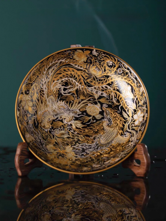 [Heirloom Collections] Imperial Artistry: Dancing Phoenix & Flying Dragon Teapot Stand – Tang Dynasty Inspired Falangcai with Gold & Silver from Jingdezhen