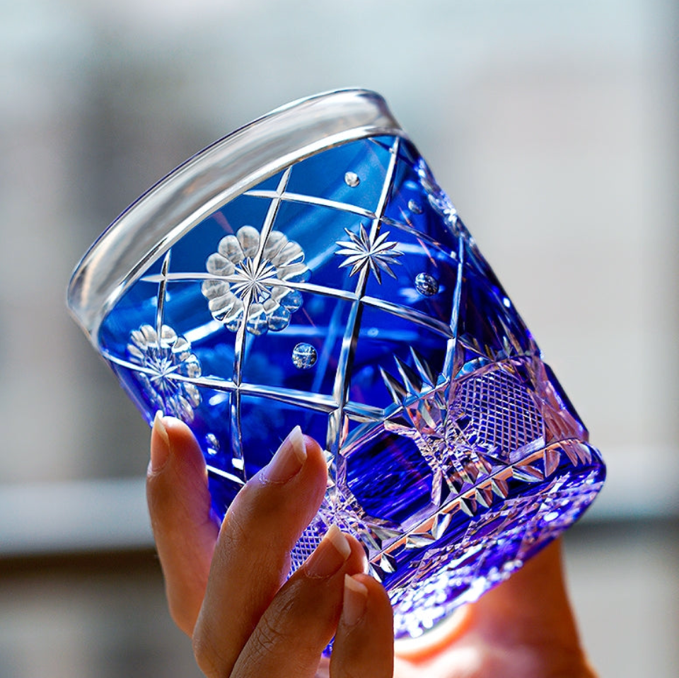 Edo Kiriko Handcrafted Violet Kohana Blossom Crystal Glass – Japanese Artisan Luxury with Wooden Box