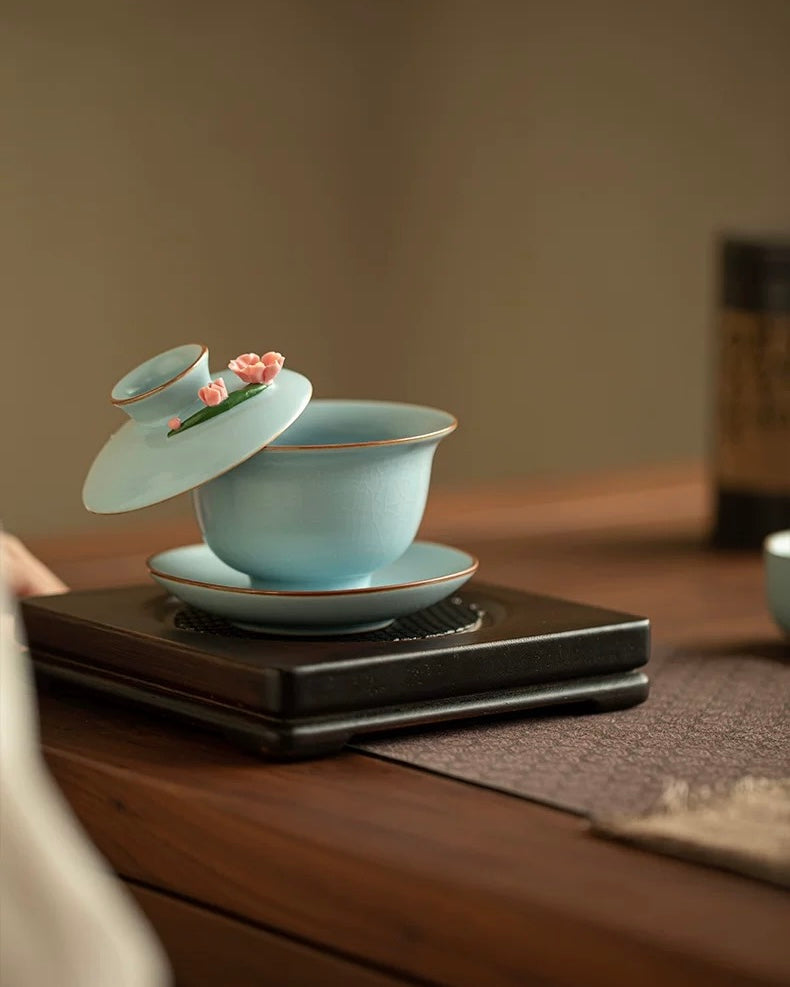 Hand-Sculpted Azure Petals Ru Ware Floating Sancai Gaiwan