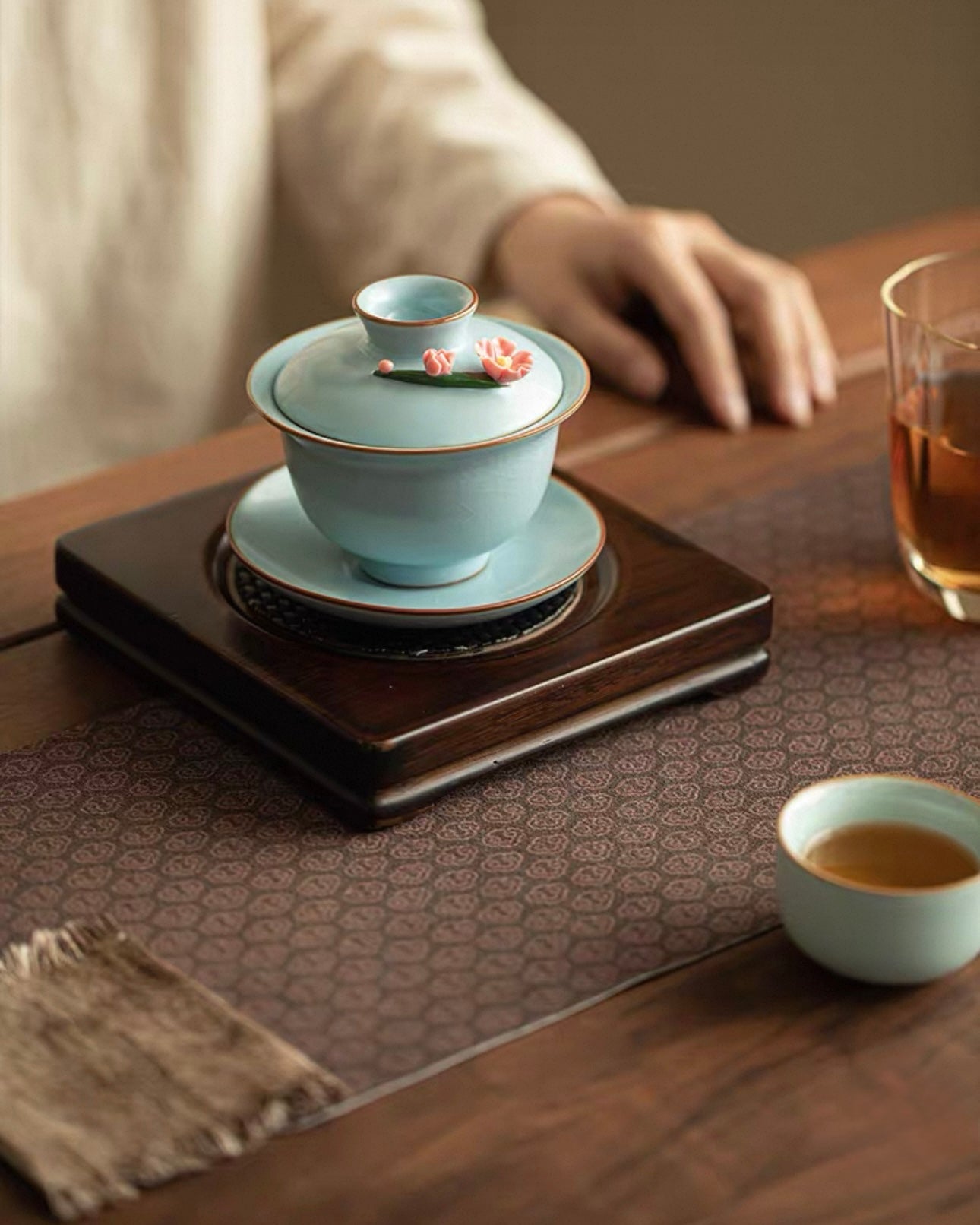 Hand-Sculpted Azure Petals Ru Ware Floating Sancai Gaiwan