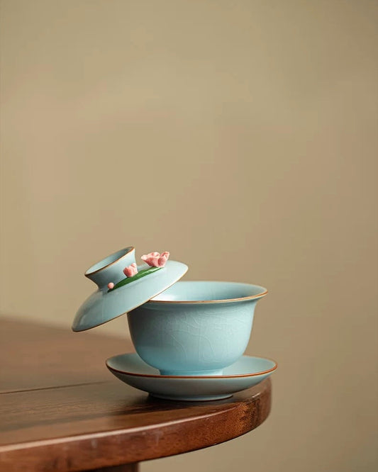 Hand-Sculpted Azure Petals Ru Ware Floating Sancai Gaiwan