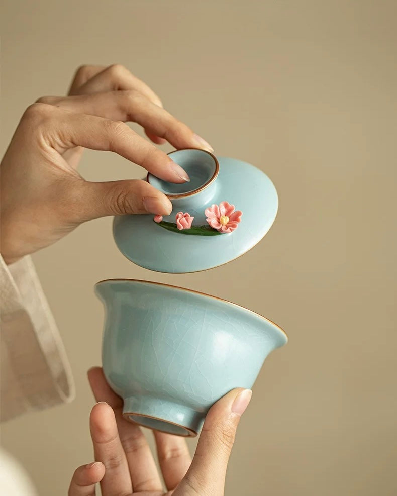 Hand-Sculpted Azure Petals Ru Ware Floating Sancai Gaiwan