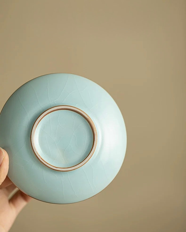 Hand-Sculpted Azure Petals Ru Ware Floating Sancai Gaiwan
