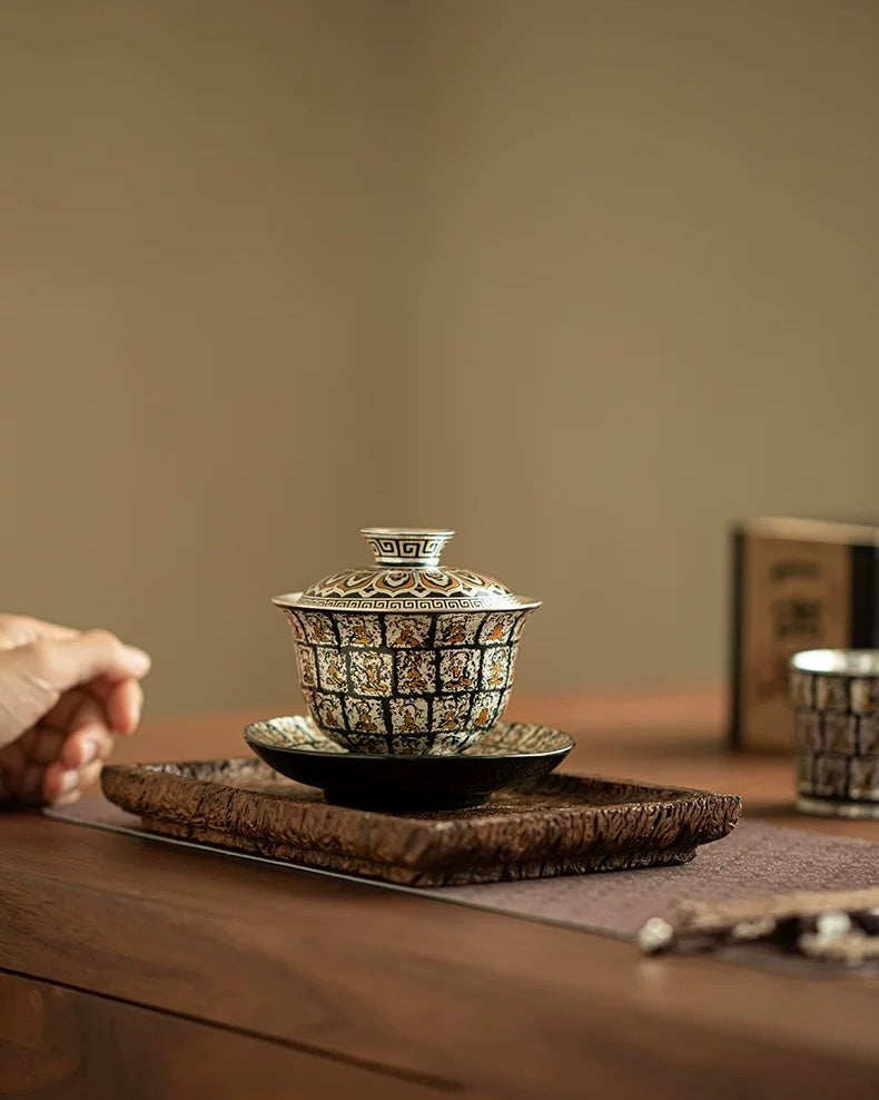 Gilded Silver Ten Thousand Buddhas Grottoes Sancai Gaiwan