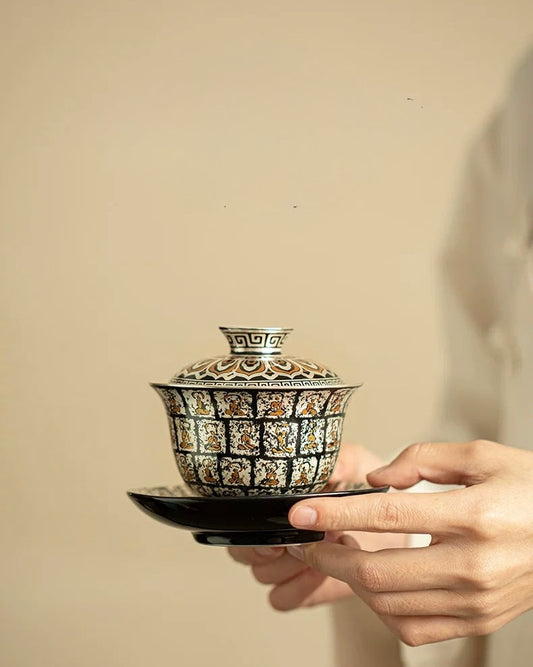 Gilded Silver Ten Thousand Buddhas Grottoes Sancai Gaiwan