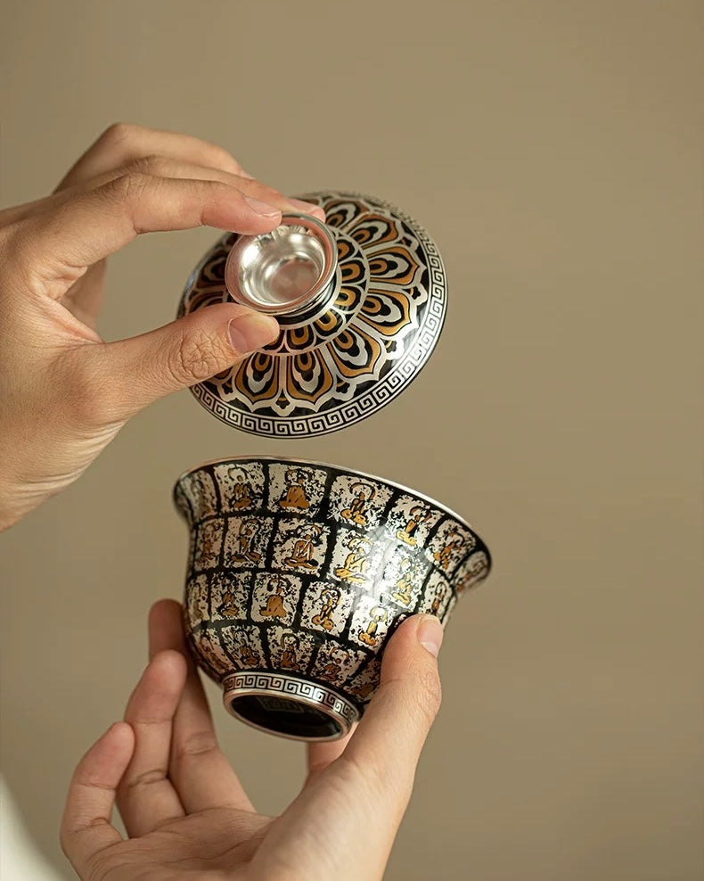 Gilded Silver Ten Thousand Buddhas Grottoes Sancai Gaiwan