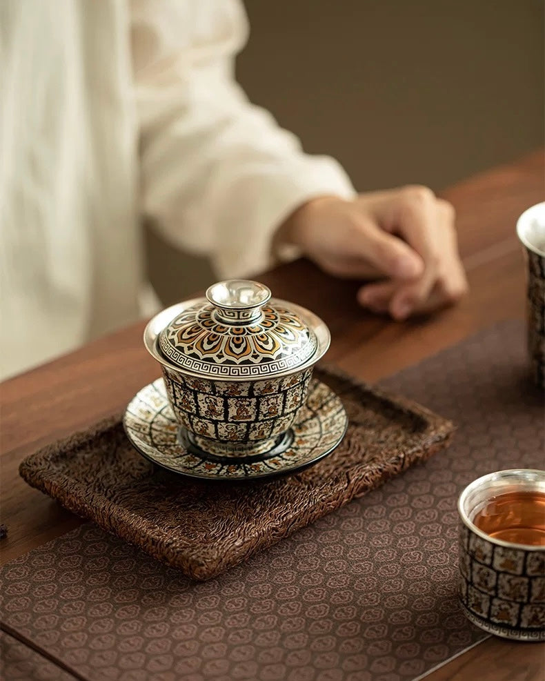 Gilded Silver Ten Thousand Buddhas Grottoes Sancai Gaiwan